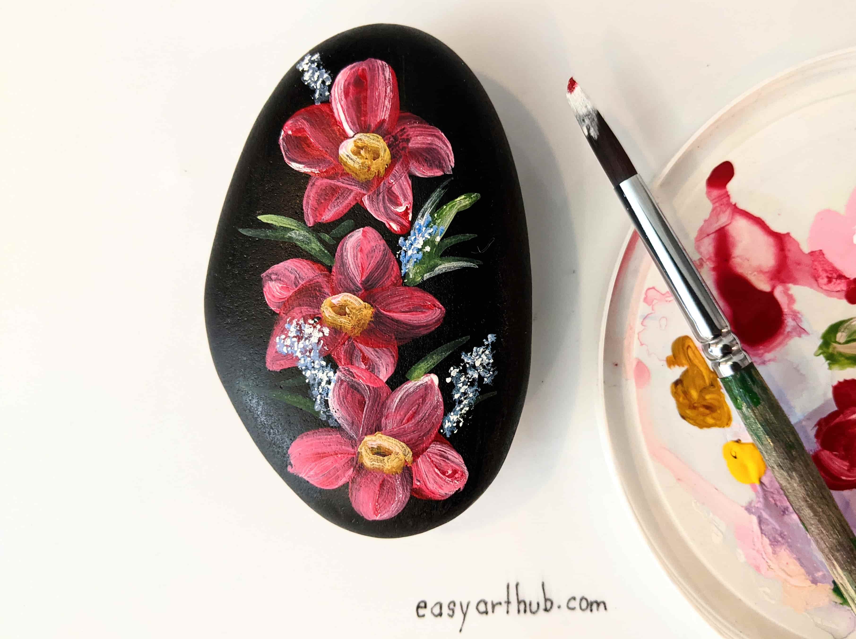Floral Rock Painting using a Round Brush with Acrylic Paint