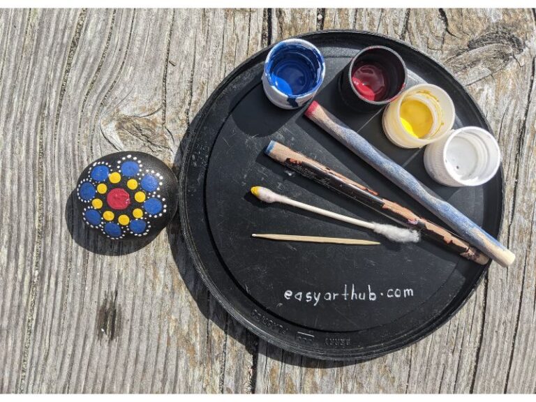 Simple mandala dot rock painting, using toothpick, Q-tip and paintbrush handle.