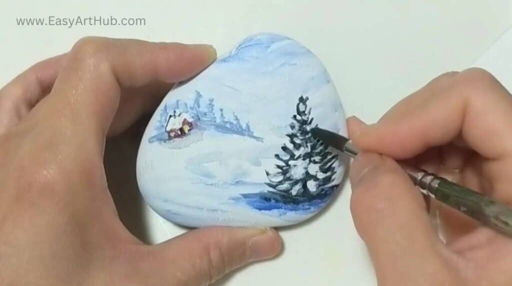 Step 5a. Lit up Snowy Christmas Tree (Winter Wonderland Rock Painting Tutorial)